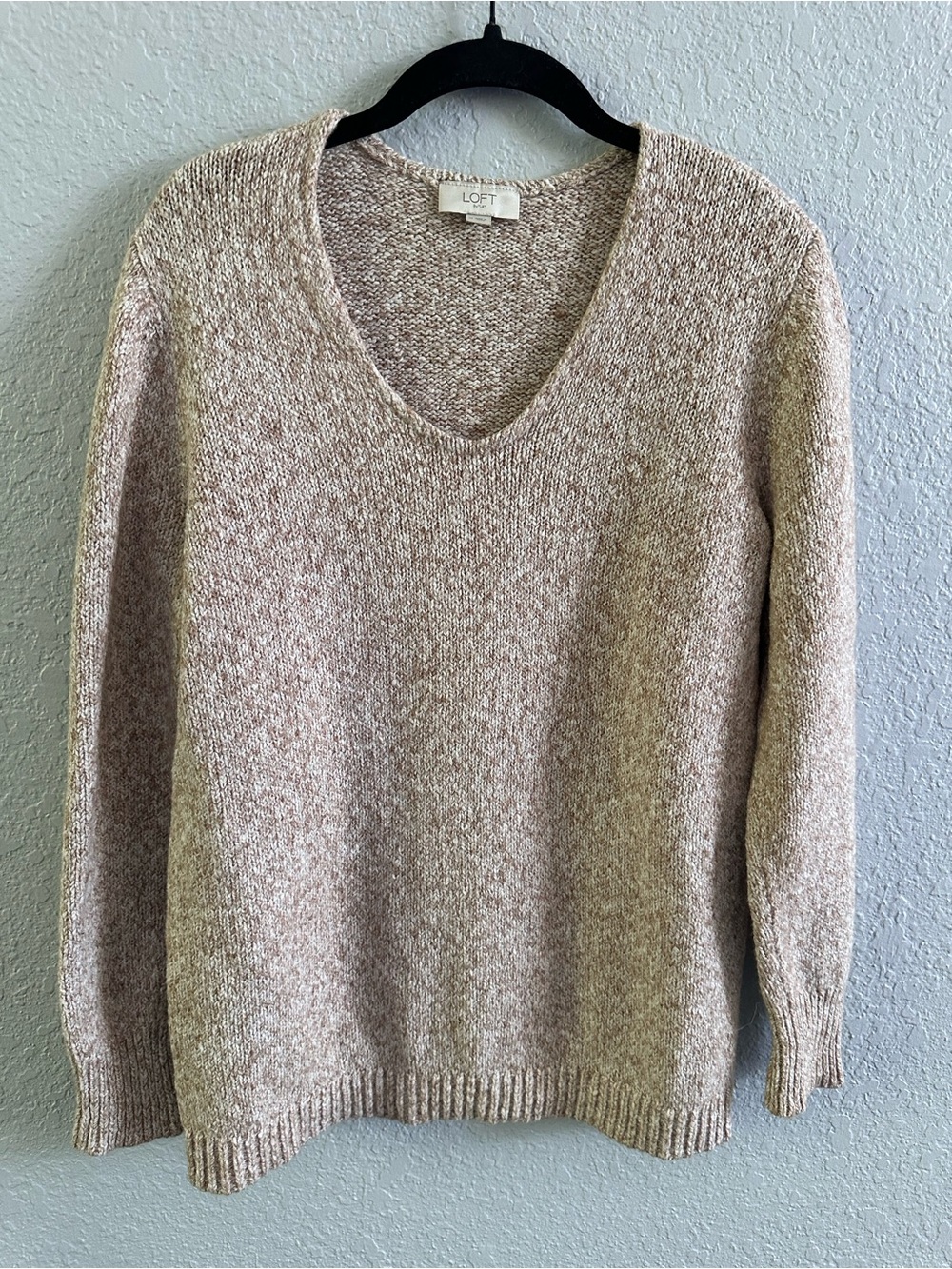 LOFT Marled V-Neck Pullover Sweater Beige Medium